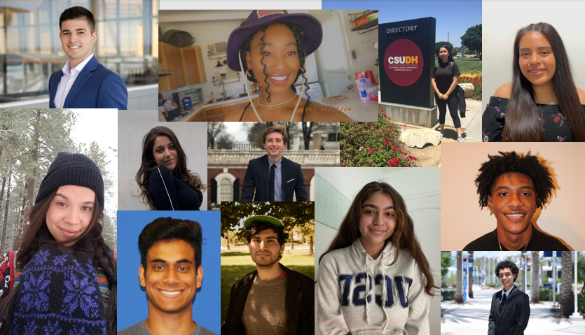 A collage of twelve diverse individuals posing in various settings, including outdoor locations and formal backdrops, with a sign for CSUDH in one of the photos. Among them, members showcase their experiences from a Jewish mentorship program, highlighting vibrant stories and connections.
