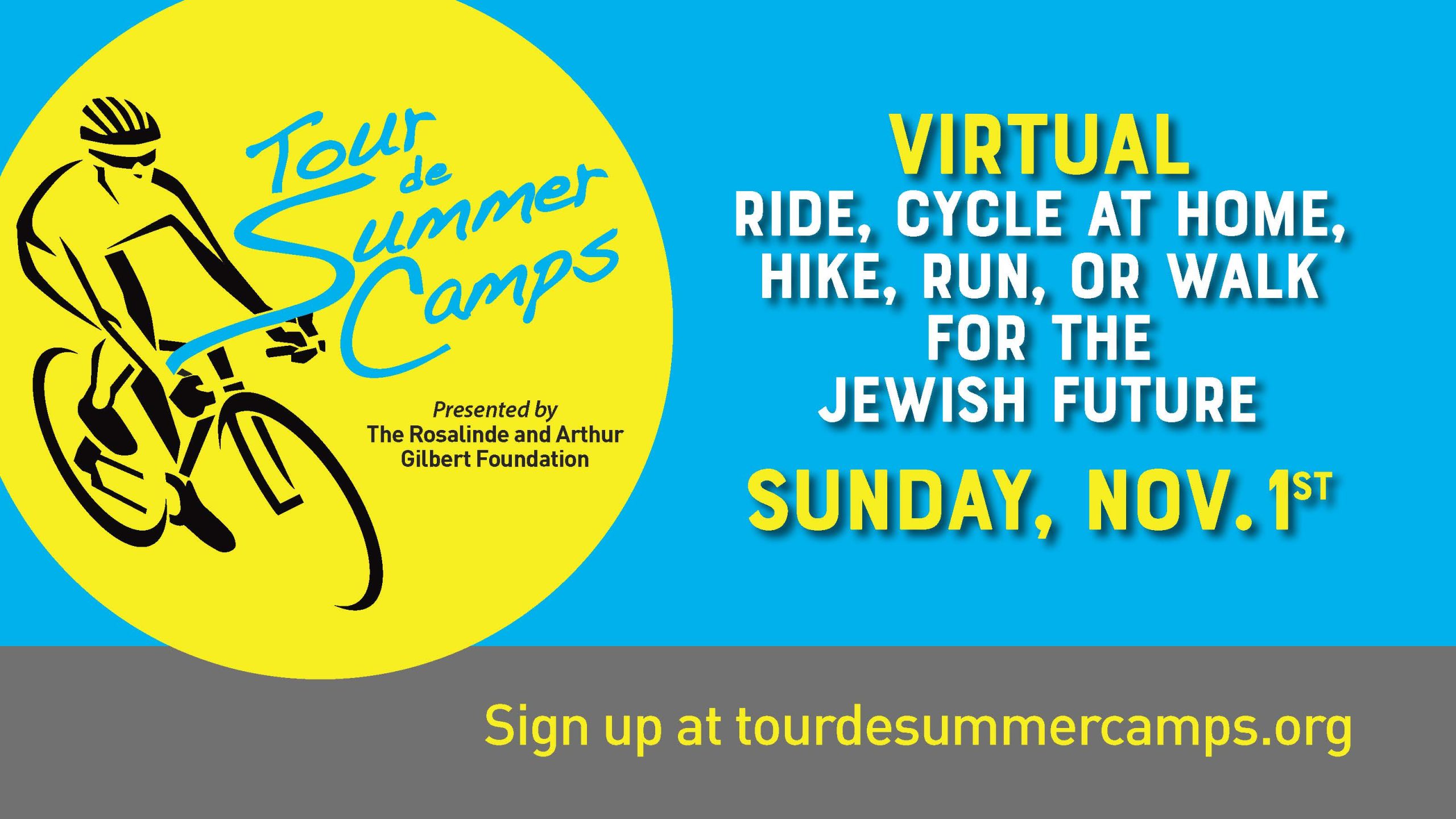 Promotional image for "Tour de Summer Camps" event, encouraging virtual participation by riding, cycling, hiking, running, or walking to support Jewish summer camps and the Jewish future. Event date: Sunday, Nov. 1st. Sign up at tourdesummercamps.org.