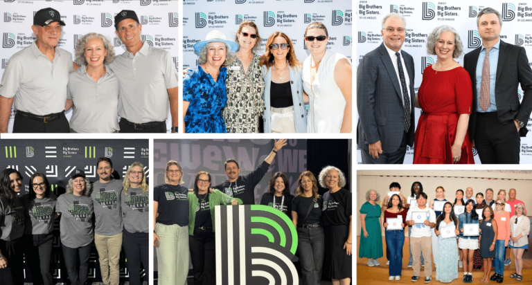 A collage of groups of people at various Big Brothers Big Sisters events, some posing in front of branded backdrops and others celebrating on stage or at an awards ceremony.