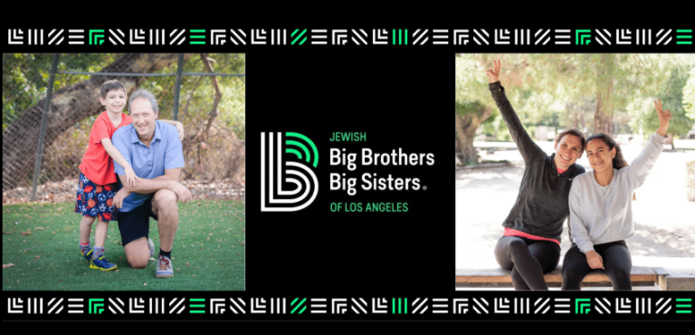 A man with a young boy and two women sitting on a bench pose outdoors, alongside the Jewish Big Brothers Big Sisters of Los Angeles logo.