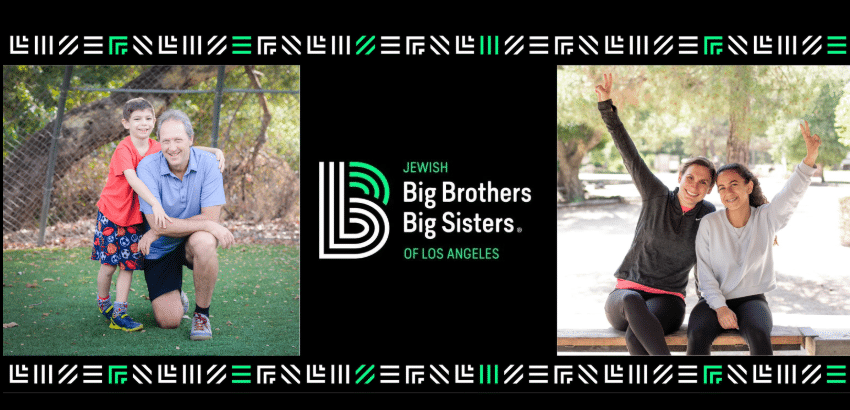 A man with a young boy and two women sitting on a bench pose outdoors, alongside the Jewish Big Brothers Big Sisters of Los Angeles logo.