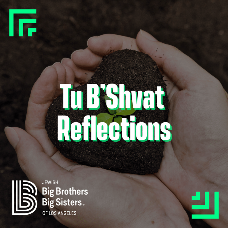 Two hands hold a heart-shaped clump of soil with a small green sprout. Text reads “Tu B’Shvat Reflections.” Jewish Big Brothers Big Sisters of Los Angeles logo appears in the corner.
